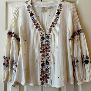 anthropologie floral embroidered bell sleeve top